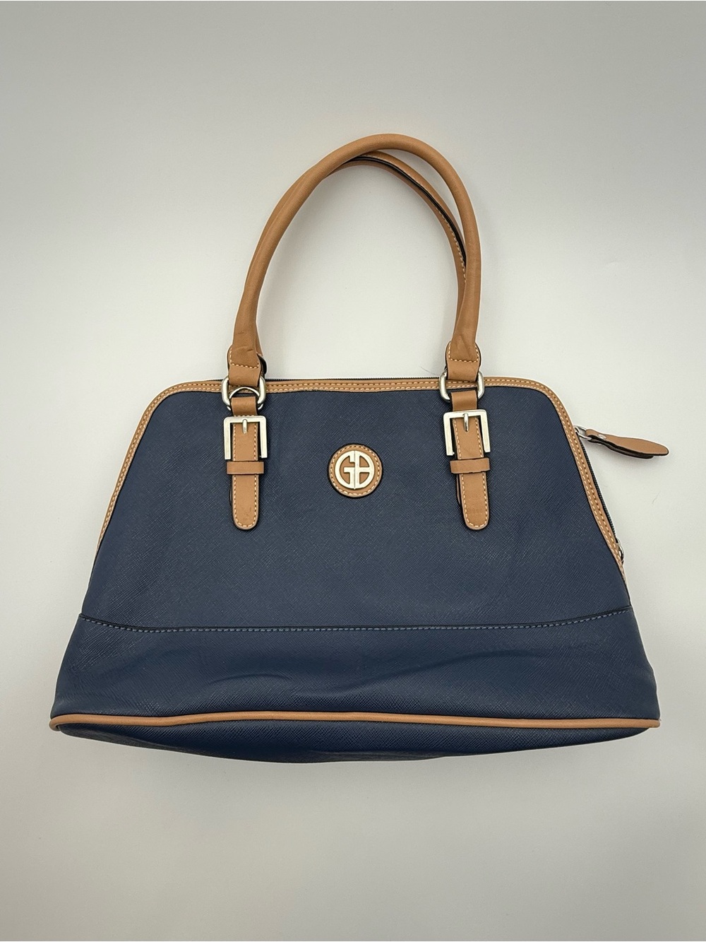 Giani Bernini Blue Tan Satchel Top Handle Bag Zip Silver Hardware